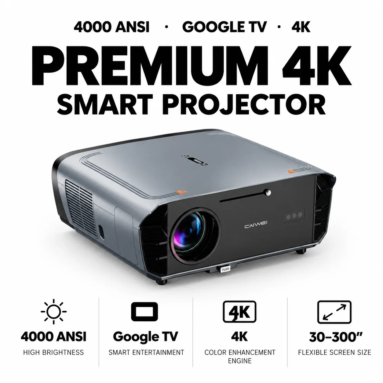 4K Projector 4000 ANSI Google TV Android 14 Native 1080P Auto Focus ToF WiFi 6 Outdoor Camping Movie Projector Dolby DTS Audio