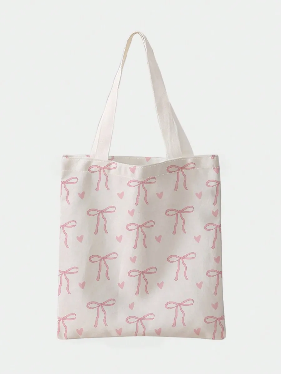 

Розовая холщовая сумка-тоут с принтом в виде банта и сердечек для женщин, студенток, для покупок, школы или пляжа