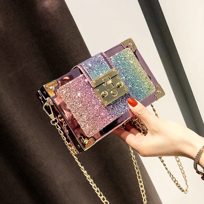 

New Style Women's Small Square Bag Korean Fashion Sequins Small Box Cool and Easy Single Shoulder Bag Charming Chain