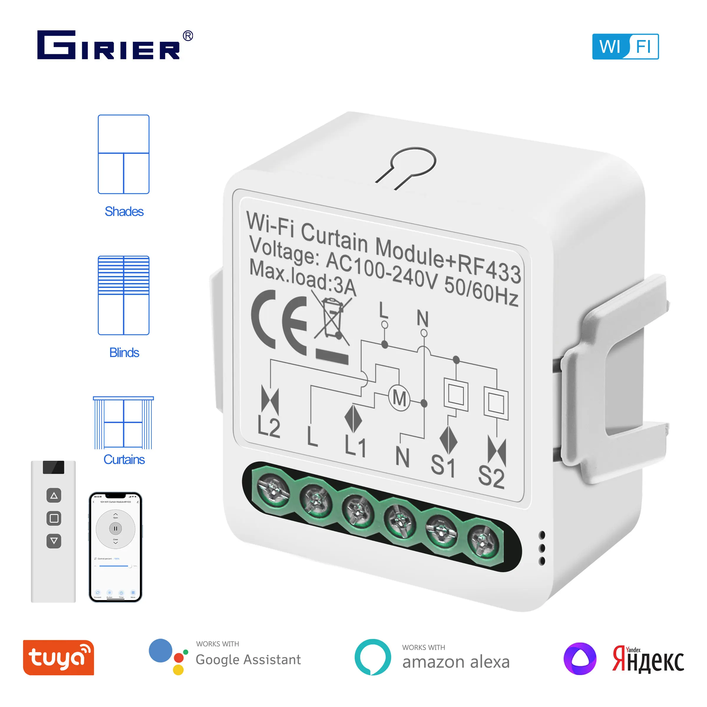 GIRIER Tuya Smart WiFi RF433 Curtain Switch Module for Roller Shutter Blind Motor Supports Timer Function Alexa Alice Hey Google