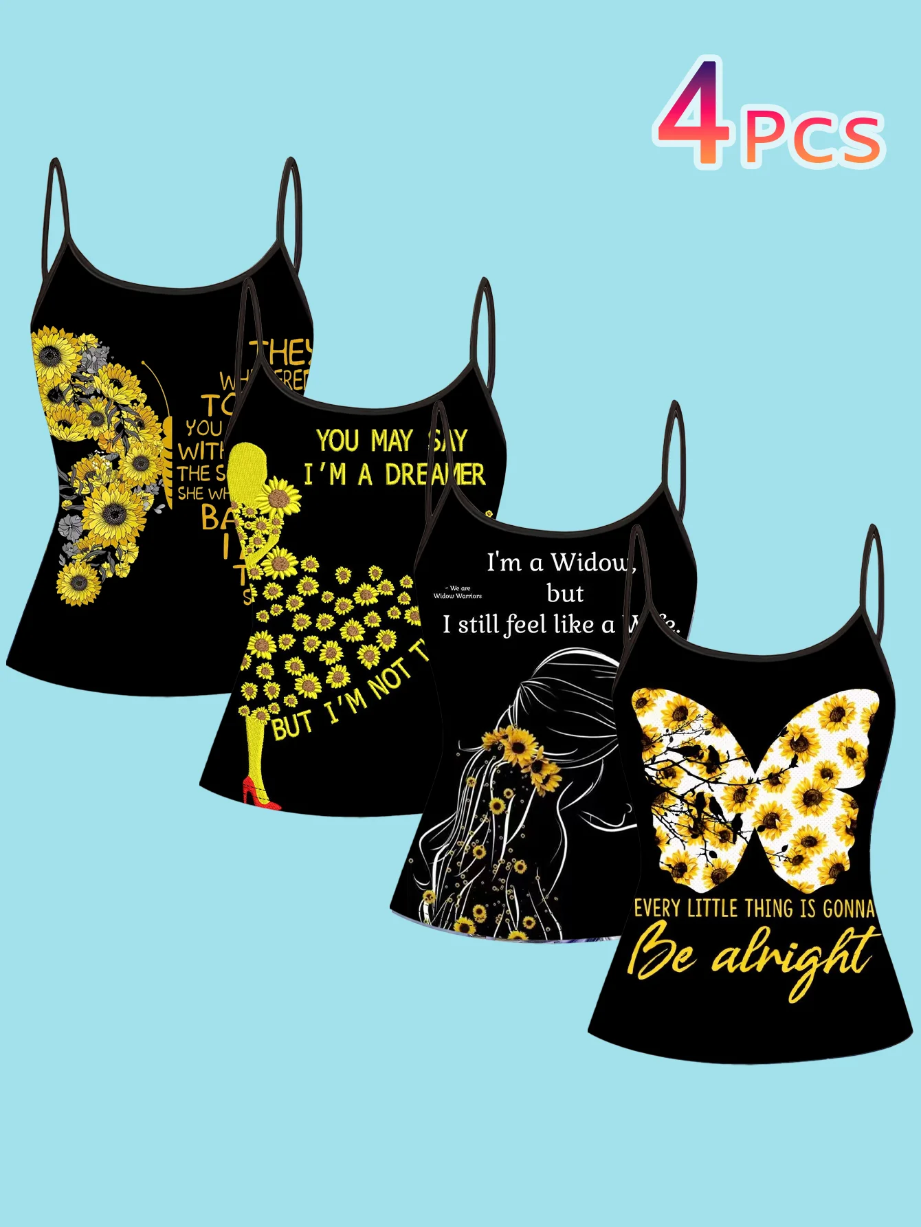 4-Piece Set of Women's Spaghetti Strap Camisoles with Black Background, Sunflower and Butterfly Inspirational English Text Print, Slim Fit Sleeveless Tops