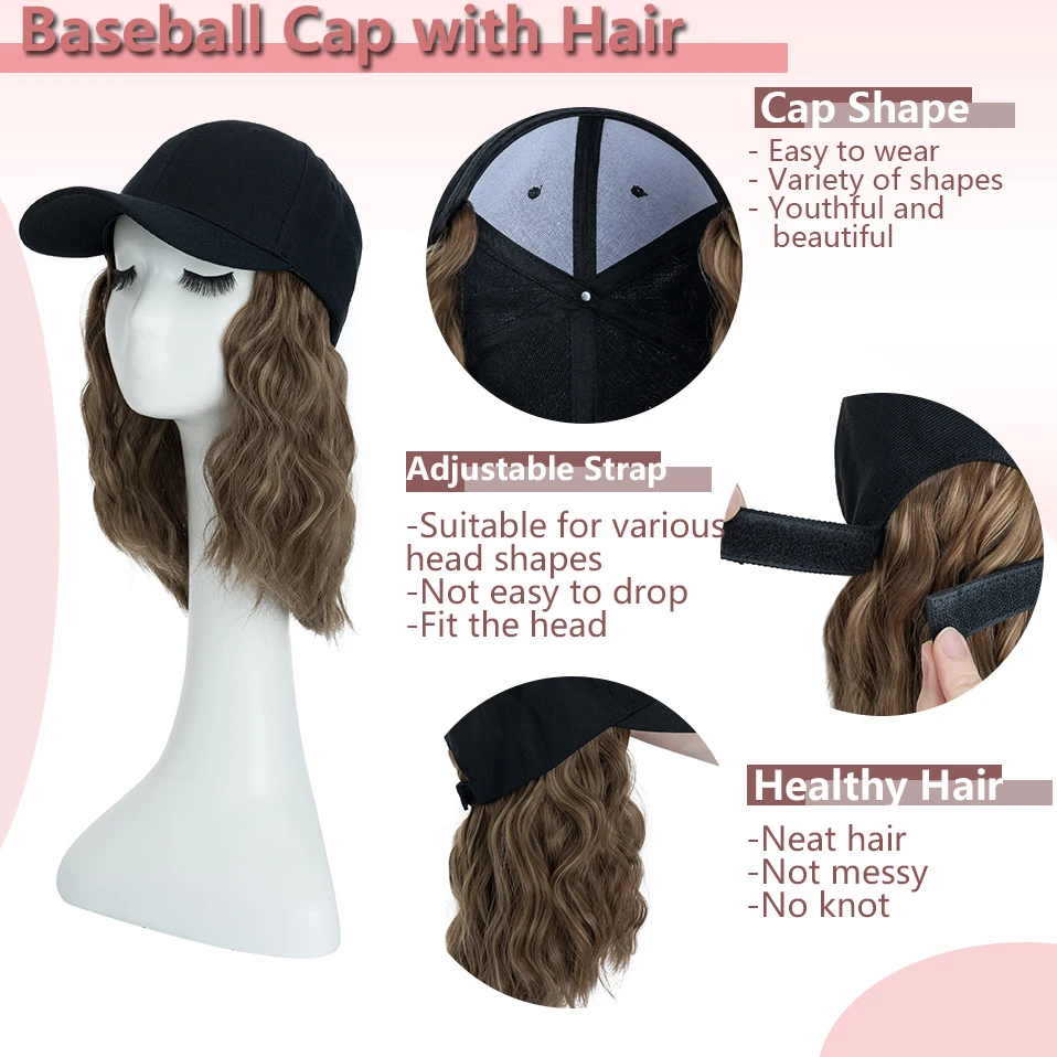 Hairro Short Synthetic Fluffy Natural Wave Wavy Curly Hair Wigs Extensions with Hat Baseball Cap Naturally Connect Hat Wig