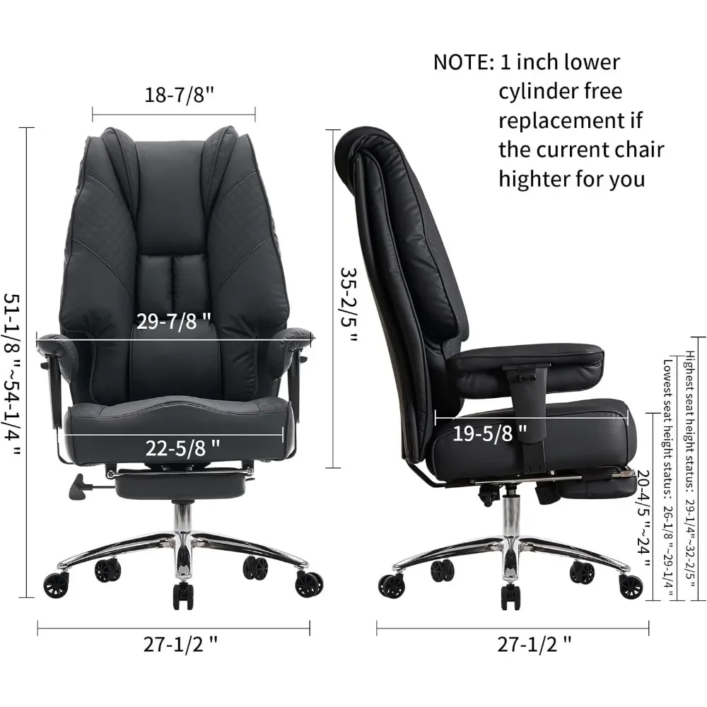 Big and Tall Office Chair 400lbs Wide Seat, Leather High Back Executive Office Chair with Foot Rest (Black)