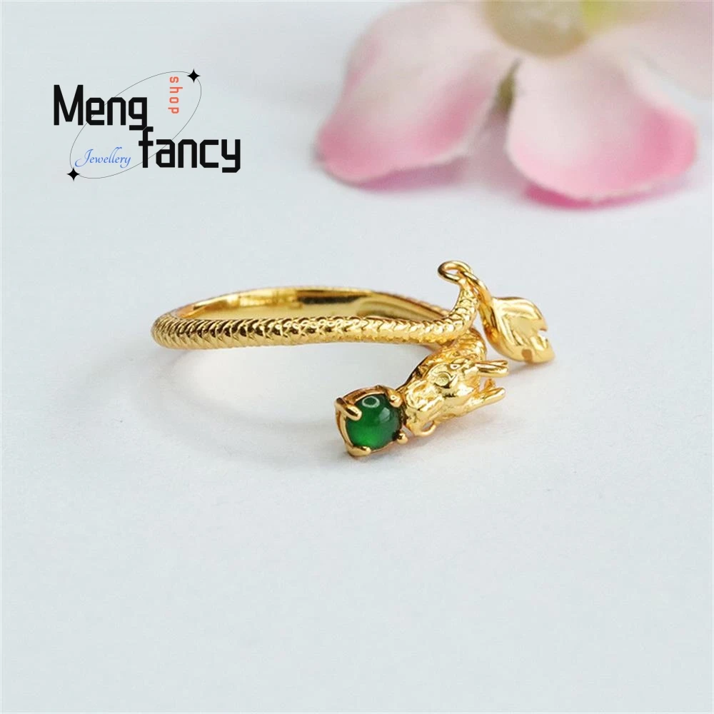 S925 Silver Lnlaid Natural Jadeite Ice Type Imperial Green Dragon Finger Ring Exquisite High-grade Couple Luxury Quality Jewelry