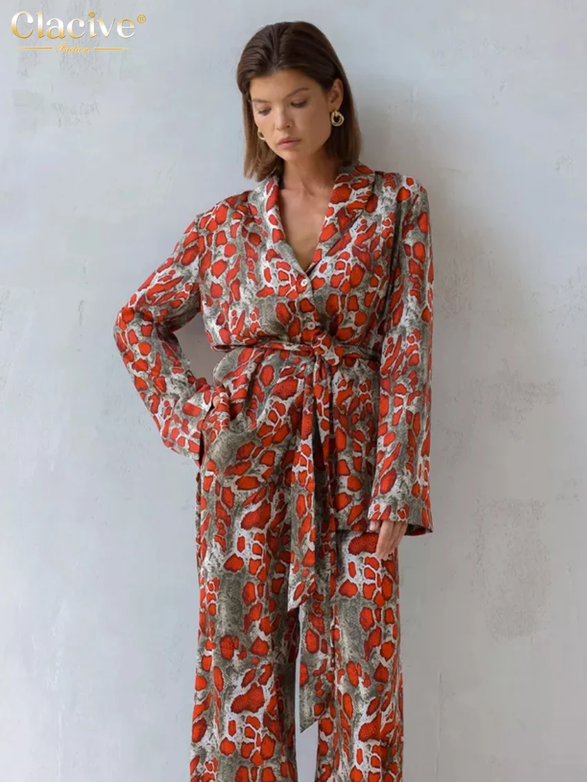 

Clacive Fashion Loose Print 2 Piece Sets Women Outfit 2025 Elegant Long Sleeve Lace-Up Robes With High Waist Wide Pants Set