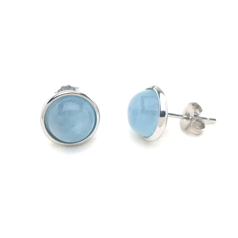 CSJ Elegant Natural Aquamarine Stud Earrings Sterling 925 Silver Beryl Gemstone 8mm for Women Birthday Party Jewelry Gift