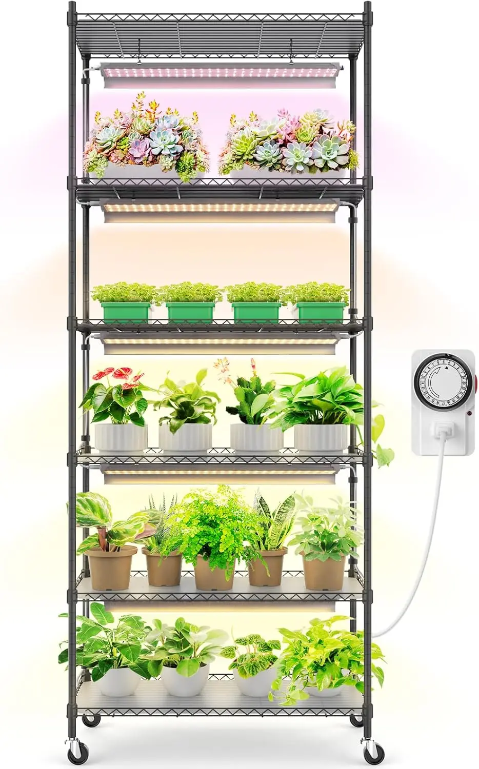 

plant stand with grow lights for indoor plants, 6-tier metal plantshelf display rack with 2ft 30w per full spectrum plant Light