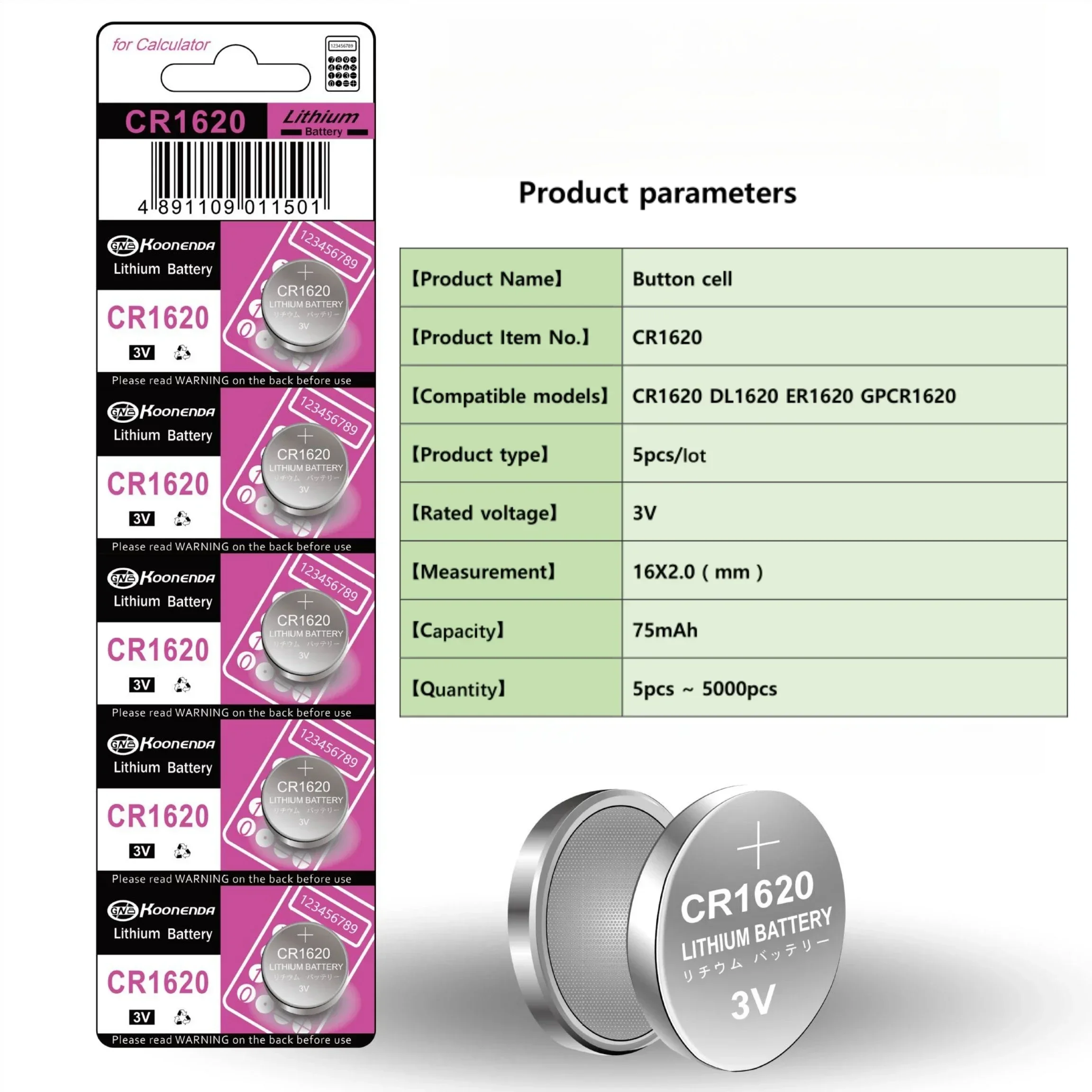 Batería de litio CR1620 de 3V, batería Li-MnO2Button Compatible con reloj, llavero, calculadora, control remoto de coche, Control remoto, juguetes, etc.