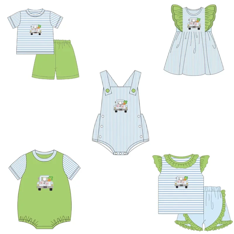 

Easter boys girls short-sleeved baby onesie Blue striped cute rabbit print siblings wholesale