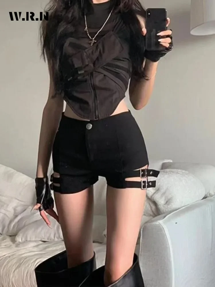 2024 Summer Hotsweet Casual Hollow Out High Waist Solid Color Shorts Women's Harajuku Black Belted Design Slim Fit Shorts