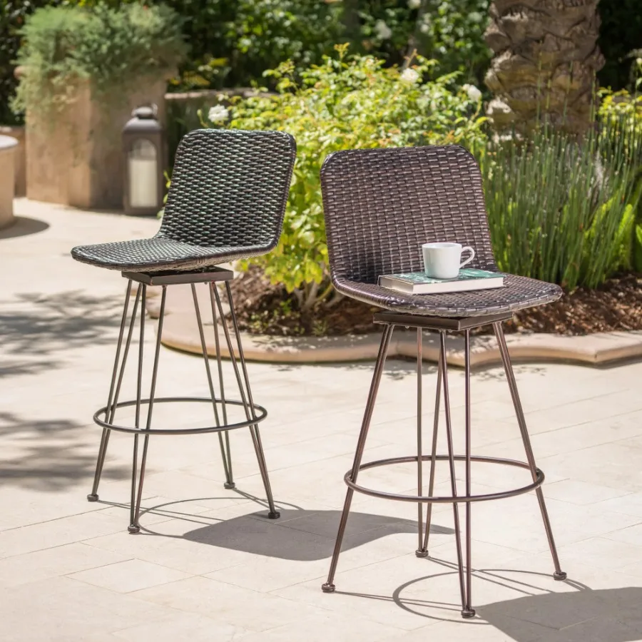

28" Outdoor PE Rattan Barstools with Black Brush Copper Iron Frame Multibrown Set of 2