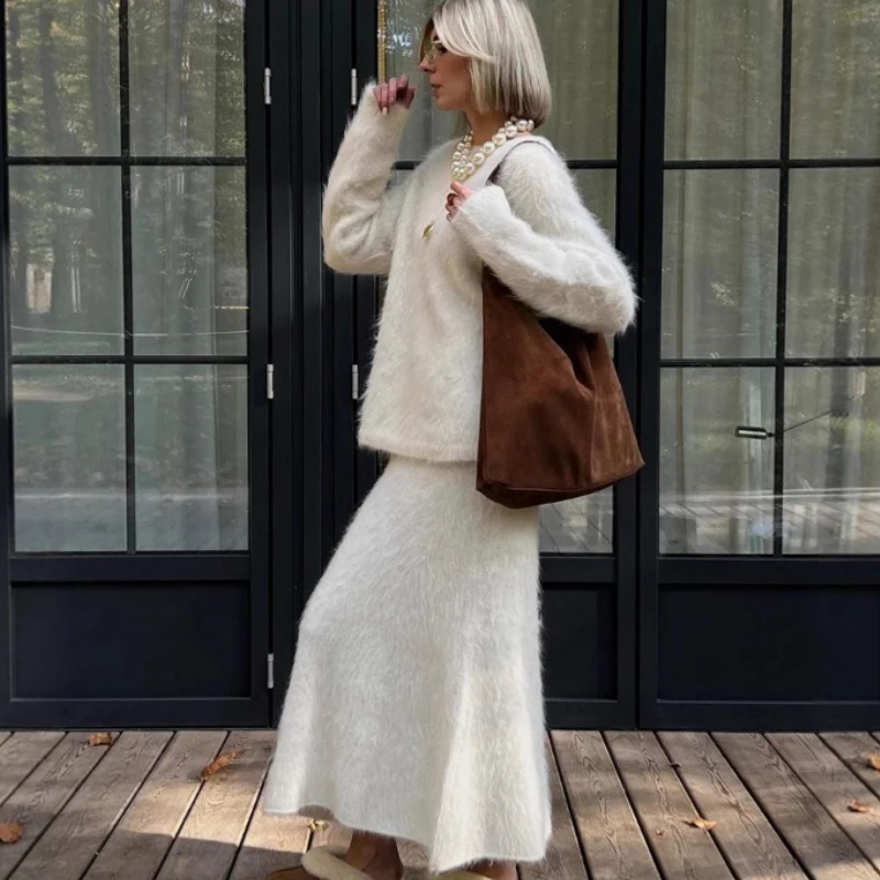 Langarm Pullover Schlank Hohe Taille Rock 2Anzüge Herbst Winter Dame Kleidung TARUXY Gestrickte Oansatz Pullover Set frauen Solide