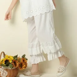 100% Cotton Female Vintage Ruffled Lace Hem Loose Bloomers Pants Teenager Japanese Mori Girl Sweet Victorian Steampunk Pants
