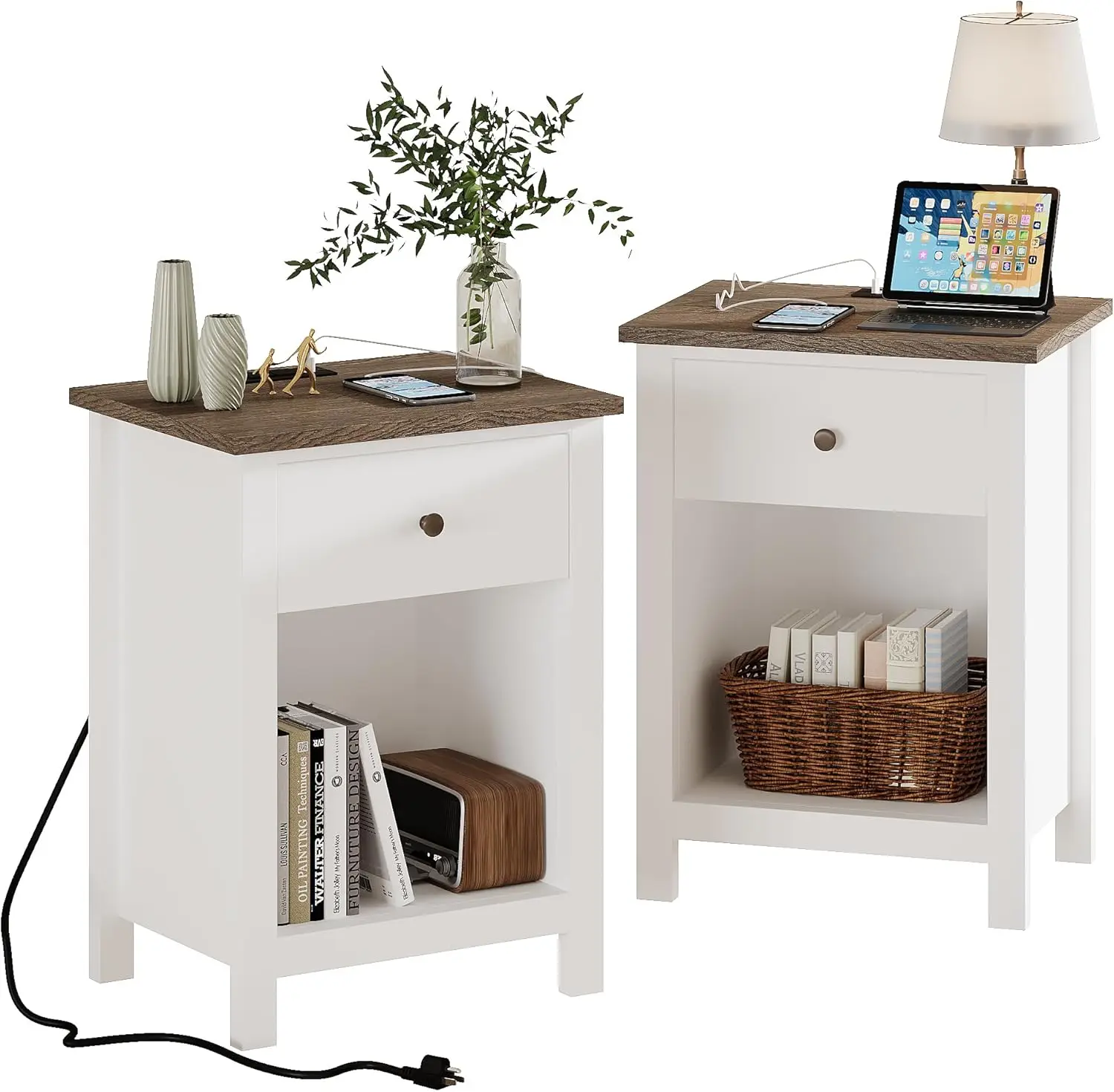 Farmhouse Nightstand Set Of 2,Night Stand With Charging Station, Wooden Top Bedside End Table With Drawer And Storage Space For