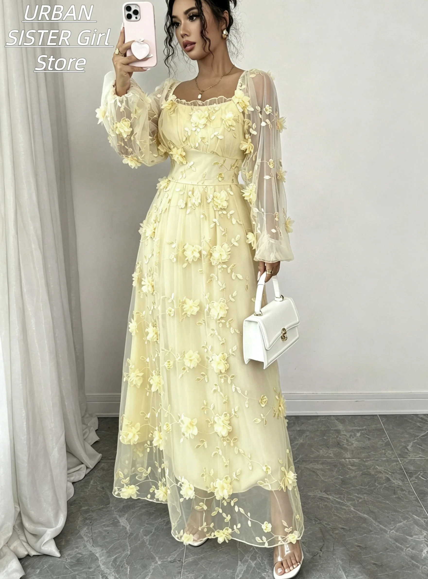 Embroidery Yellow Dress - Light Goose Yellow Ruffled Square-Neck Mesh