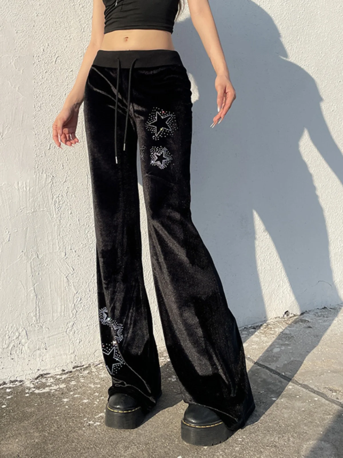 Pantaloni svasati con lacci a vita bassa Pantaloni lunghi a vita alta da donna Casual Fibra di poliestere Altro materiale 00%