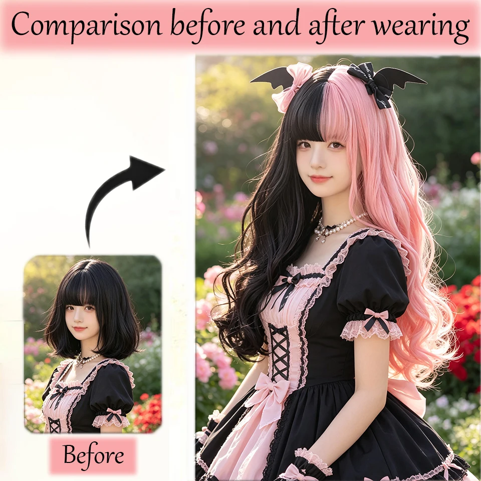 Synthetic Hair Long Wave Black And Pink Lolita Style Wigs For Women Cosplay Wig With Bangs Christmas Halloween Vacation Festival