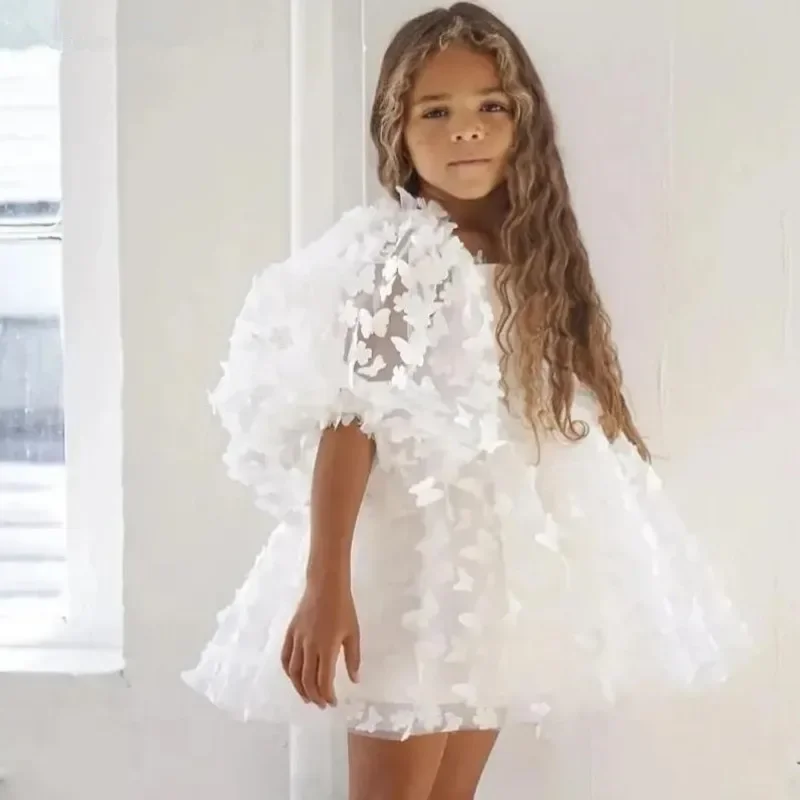Fashion Baby Girl Dress Butterfly Puff Sleeve Child Tulle Princess Dress For Vestido Pageant Party Birthday A3743