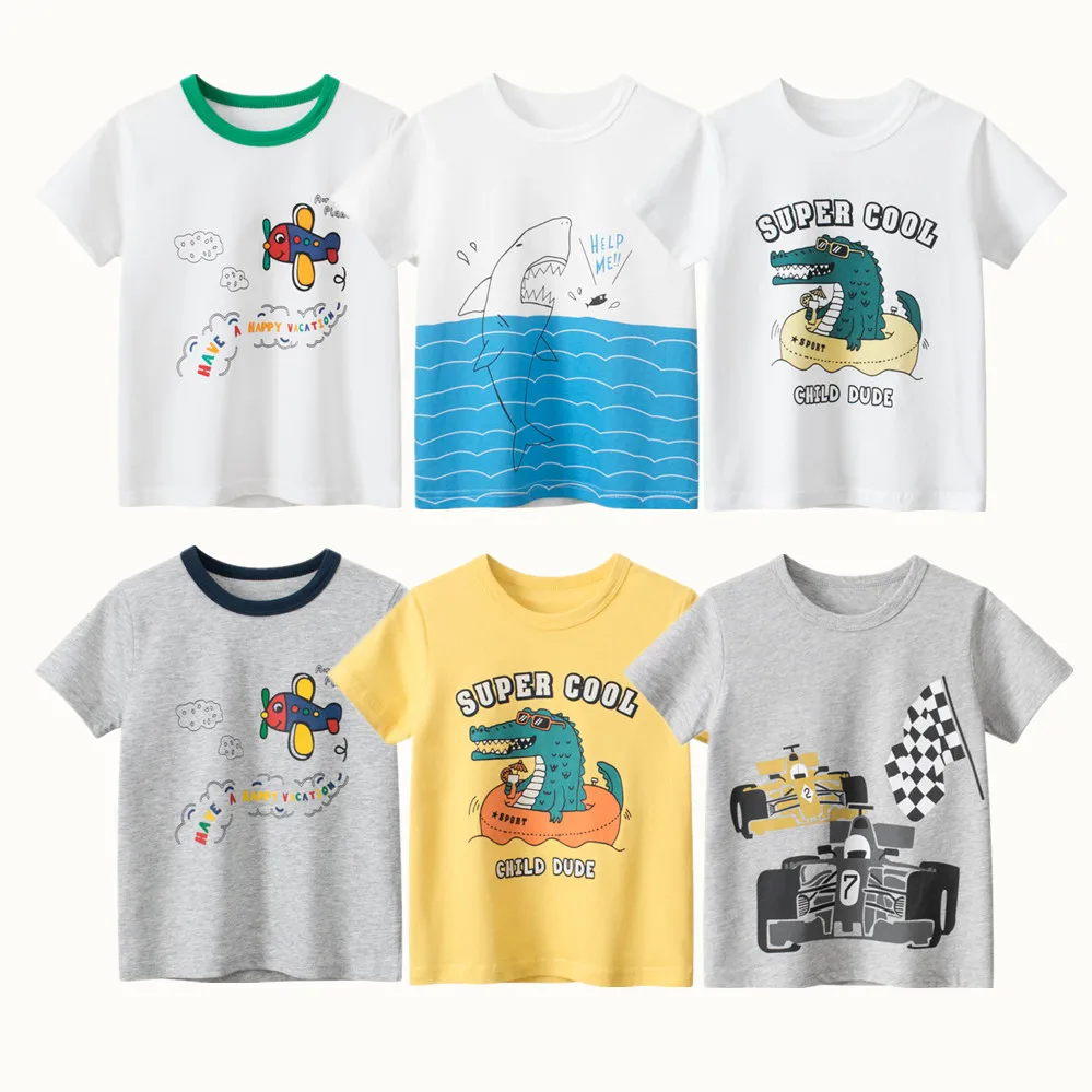 2023 Children T-Shirts Clothes for Boys Girls Cotton Short Sleeve Crocodiles Dinosaurs Plane Car Cartoon Kids Casual Sport Tees