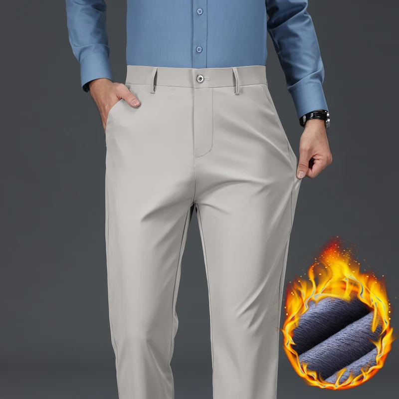 

Зимние теплые мужские флисовые светло-серые брюки, деловые прямые рабочие формальные классические свободные брюки из флока, большие размеры 38, 40