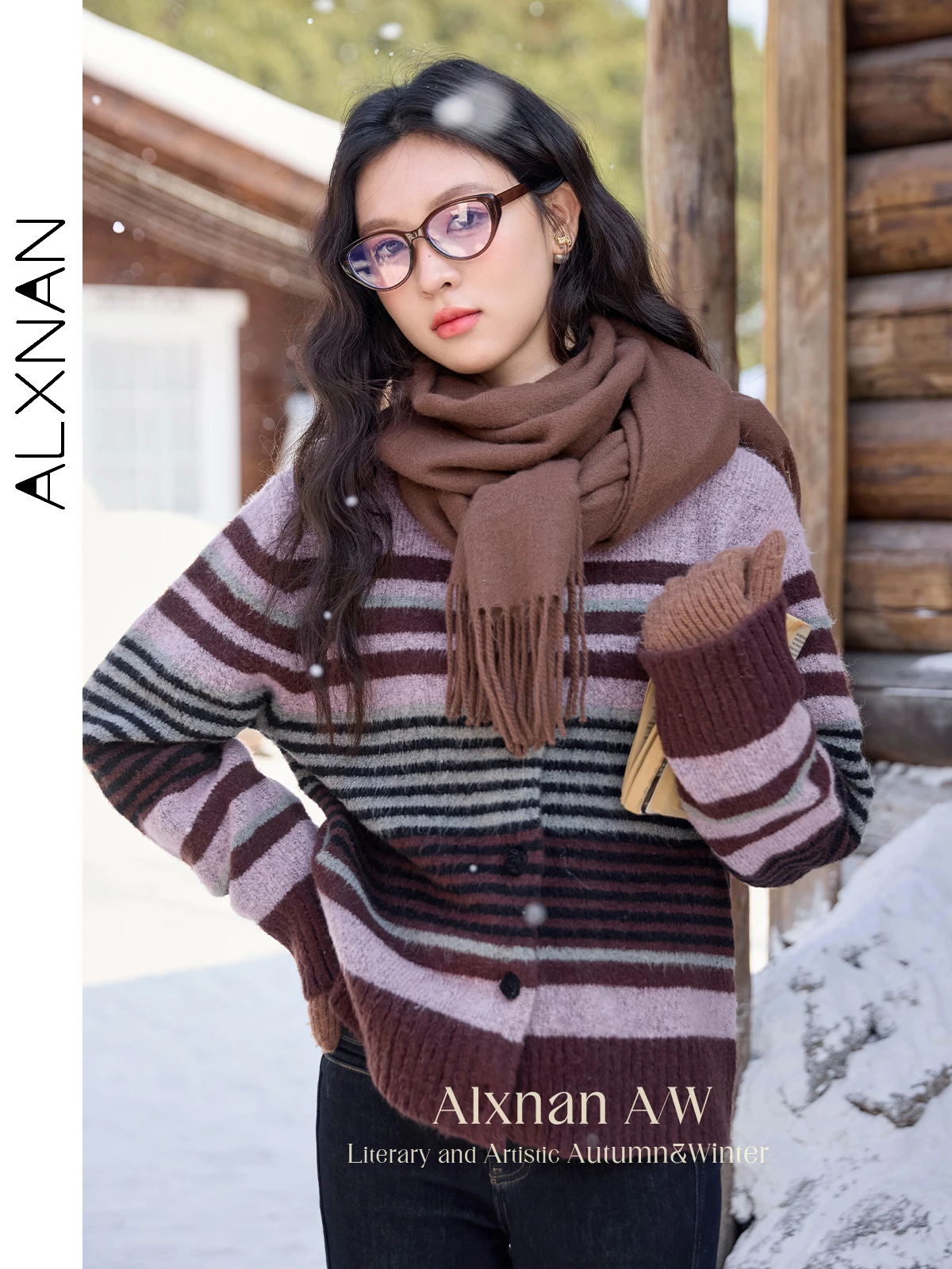 

ALXNAN Women's Striped Cardigan Round Neck Contrast Color Sweater 2025 Autumn Winter New Elegant Loose-fit Female Tops L52511