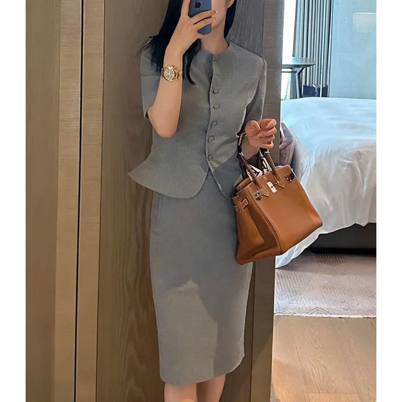 Gao grade sense 2025 nuova estate nuovo temperamento blazer grigio slim e sottile a maniche corte un set completo per le donne y2k