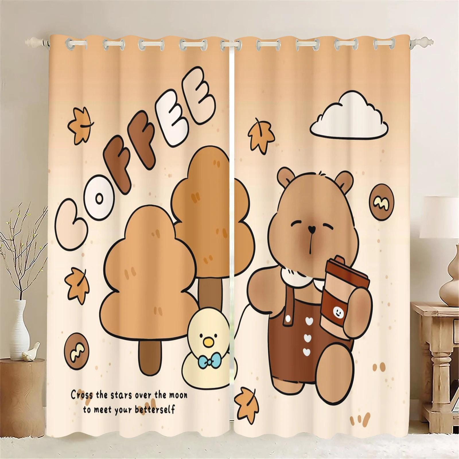 Lucky Three Capybara Striped Curtains Cartoon Fruit Animal Print Window Drapes Home Kids Room Decoration