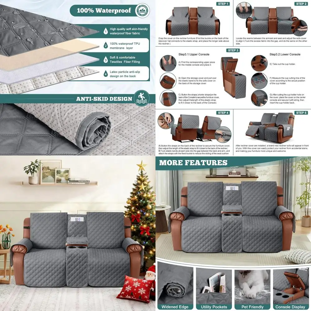 

Нескользящий водонепроницаемый чехол для дивана с откидной спинкой и консолью для 2-местного использования, темно-серый, подходит для детей и домашних животных
