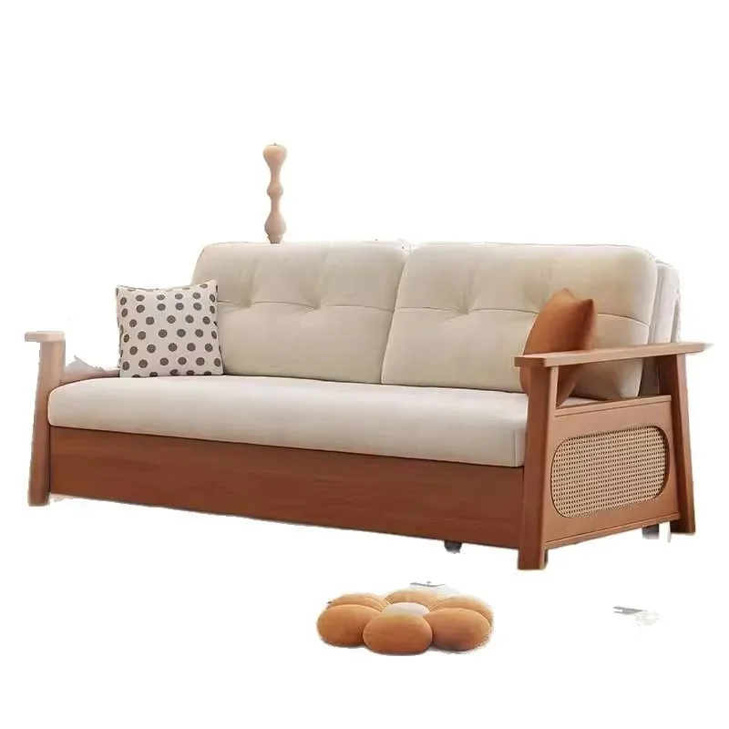 Japanese Cream Solid Wood Sofa Bed Folding Dual Purpose Space Saving Couch for Small Apartment Living Room Balcony Compact