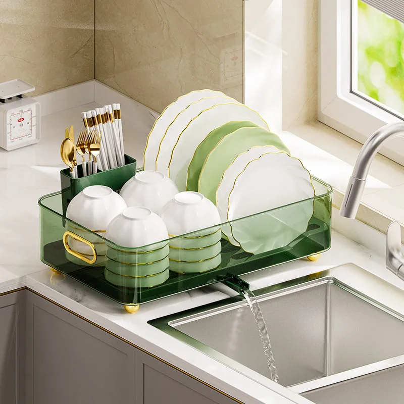 Transparent Dish Bowl Drainer Storage Rack Kitchen Dish Drying Rack with Drain Basket Countertop Dinnerware Organizer Drainboard