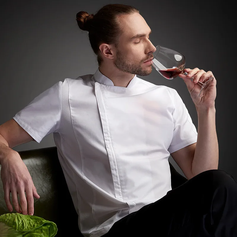 Veste de Chef d'hôtel à manches courtes pour hommes, chemise de Chef de Restaurant, vêtements de cuisine pour femmes, uniforme de boulangerie, manteau de travail de serveur de café