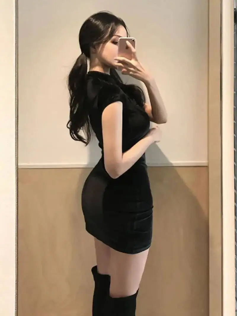 エレガントな黒の半袖ボタンセクシーなドレス女性カジュアルショッピング写真新しいチャイナドレスタイトなファッション夏 2025 女性 P4AQ