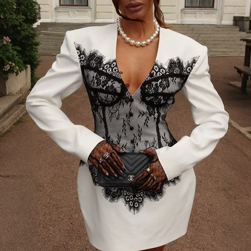 

V-Ne Lace Trim Slim Fit Color Blo ort Skirt Dr High Waist Thiened Long Sve Sexy Women's Faion Autumn Dr