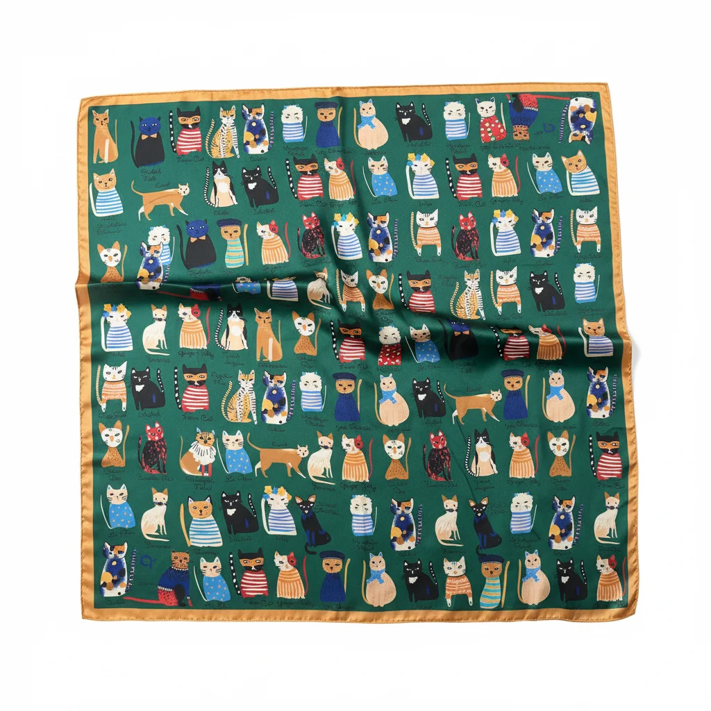 

100% Mulberry Silk Square Scarf Cartoon Cat Print Cute Colorful Cat Pattern Luxury Silk Neck/Head Wrap Perfect Gift for CatLover