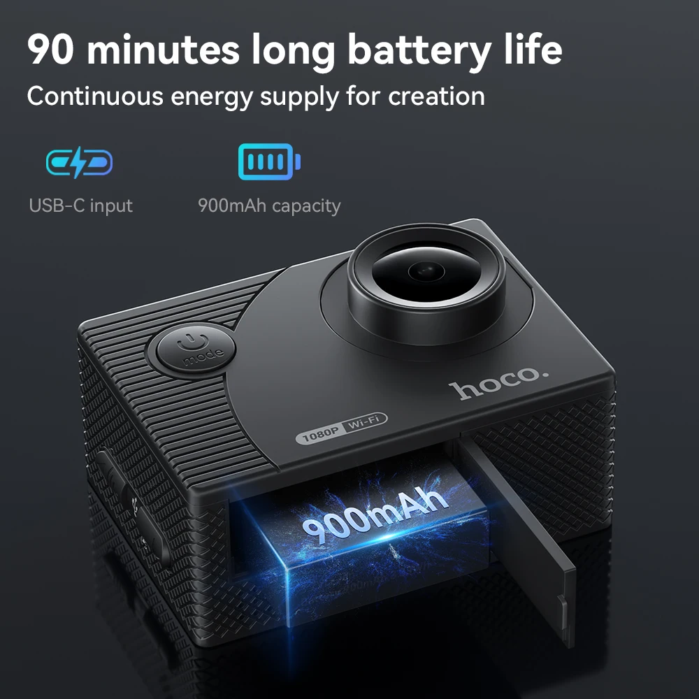 HOCO DV100 Sports Camera 1080P HD screen Support WiFi Anti-Shake Action Cam 30 Meter Water Resistance Support 150 Degree Wide