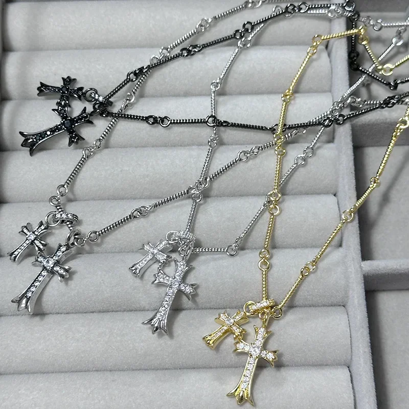 

MDLCrocker Ju1iter Double Cross Gold Vintage Necklace with Zirconium and Diamonds