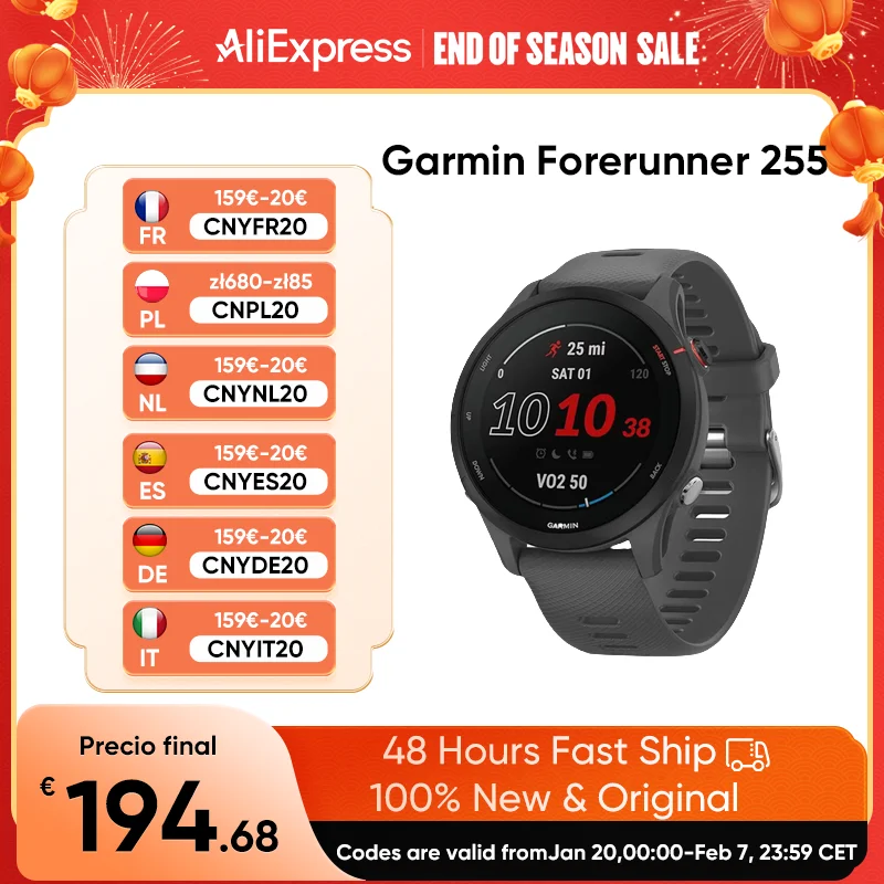 Garmin Forerunner 255 sport Smartwatch 46mm 1.3 ''Touch Screen 14 giorni di durata della batteria 4GB RAM NFC Bluetooth Wifi 5ATM impermeabile