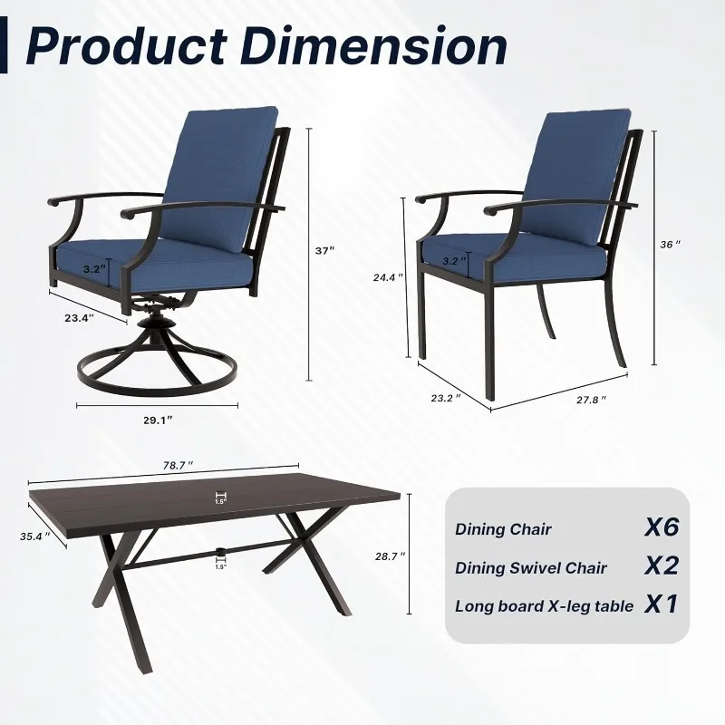 Set da pranzo per esterni da 9 pezzi Set tavolo da pranzo e sedie da patio Set di mobili da esterno con 1 tavolo da pranzo rettangolare in metallo con U