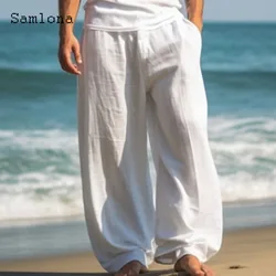 American and European 2024 Men Casual Straight Leg Pants Solid White Full-Length Trouser Plus Size Mens Stand Pocket Hotpants