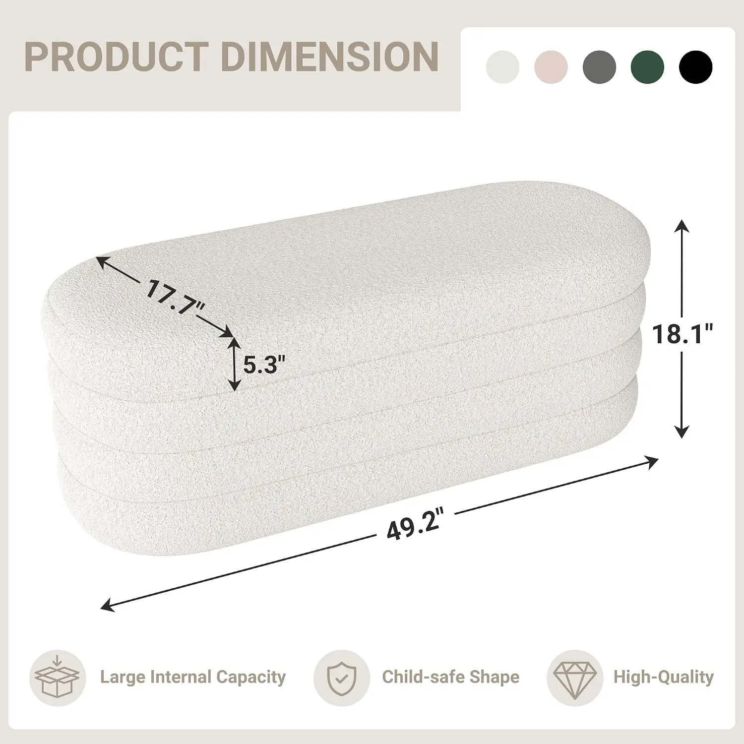Large Oval Storage Ottoman Bench Upholstered End Of Bed Footstool Bench Hidden Storage Container Chest Organizer Accent Furniture Bench For Bedroom Living Room Entryway Ivory