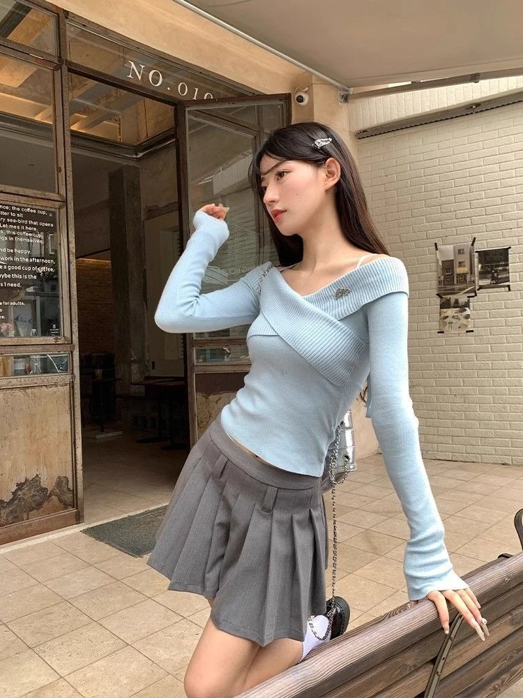 Japanische Elegante Sexy Off Schulter Neckholder Stricken Top Frauen Herbst Winter Neue Slim Fit Langarm Pullover Pullover Outfit