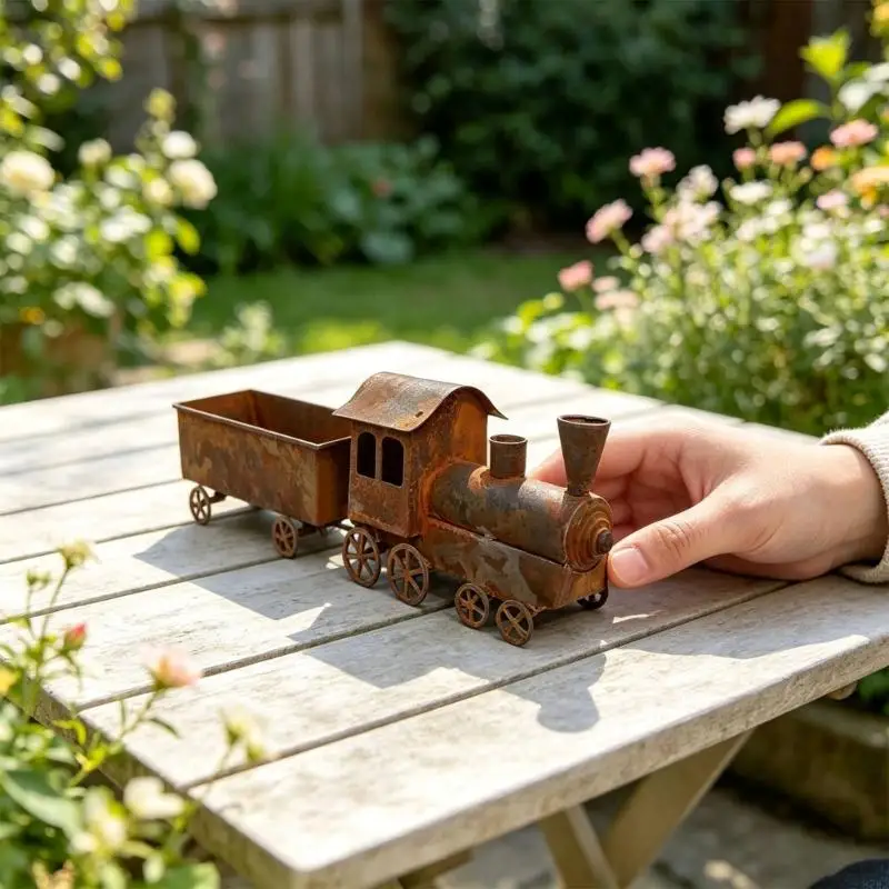 Iron Train Flower Pot with Stamped Construction, Body Without Welded Seams, and Wheel Features for Succulents and Small 87HA