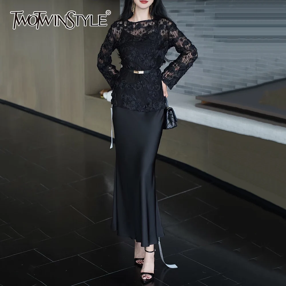 

TWOTWINSTYLE Solid Spliced Flower Two Piece Set Female O Neck Long Sleeve Perspective Sweet Shirt Women's Skirt Set Summer New