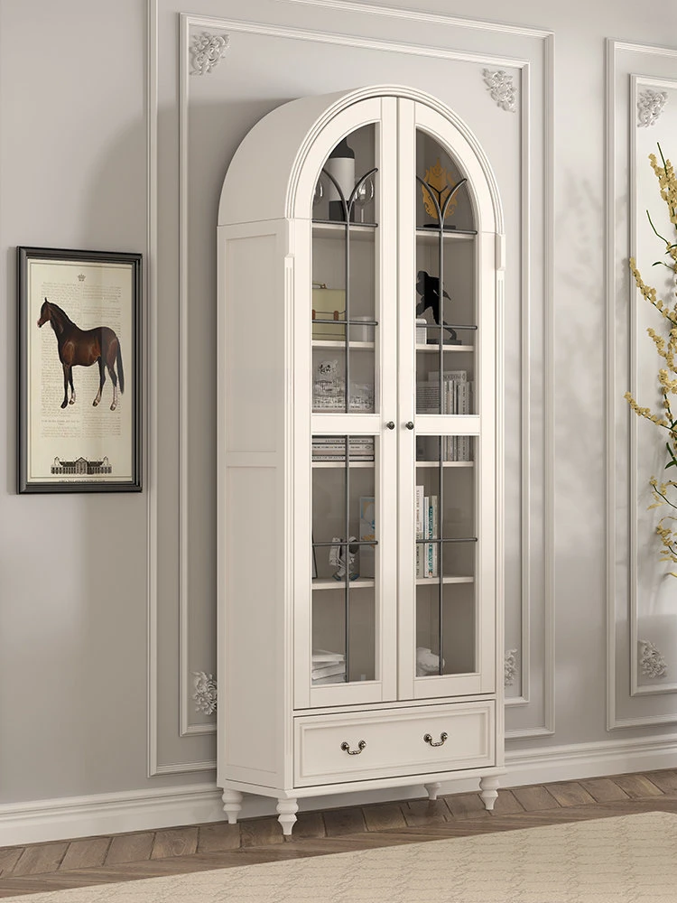 Solid Wood American-Style Arched Vintage Glass Door with Door Dust-Proof Bookcase Wine Cabinet Storage Cabinet