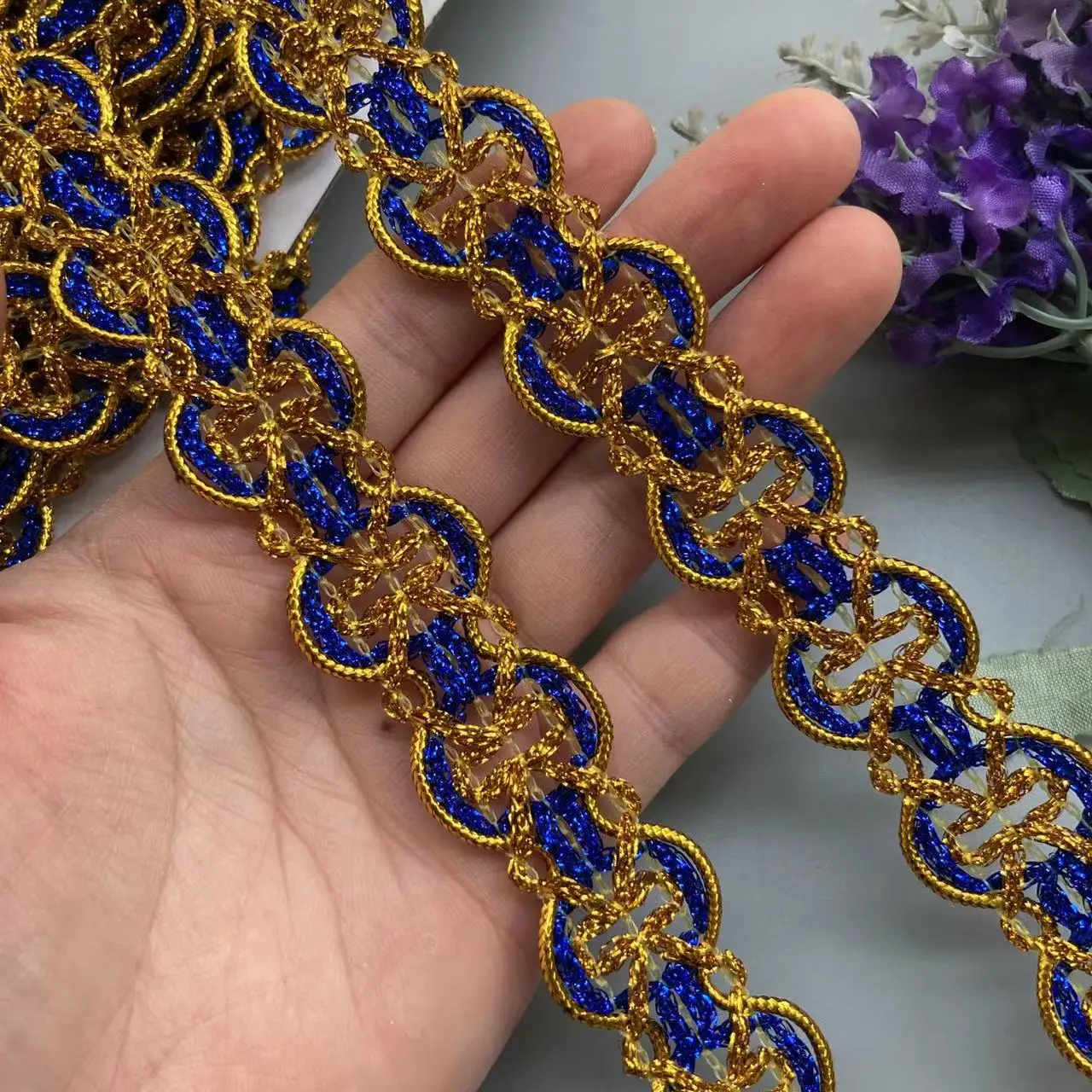 2 Meters  Blue Sequin Gold Lace Trims Big Wide Sewing Hat Curtain Dress Accessory Diy Handmake Craft Wedding Fabric Decoration