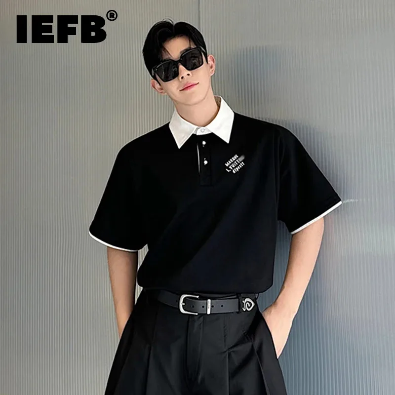 

IEFB Personalized Men's Top Spliced Turn-down Collar Pearl Buckle Short Sleeve Letter Printed T-shirt Summer New Trendy 9C5961