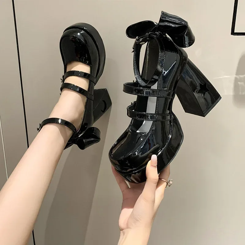 2025 frühling Punk Starke Ferse Mary Jane Lolita Schuhe Frau Patent Leder Cosplay Schuhe Y2k Chunky Plattform High Heels Pumps