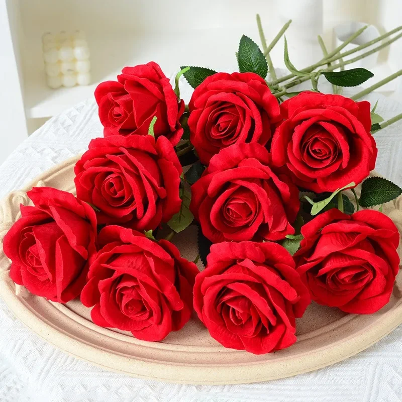 20 Pcs Artificial Velvet Silk Rose Flower Bouquet Real Looking Fake Roses Home Wedding Centerpieces Party Decorations