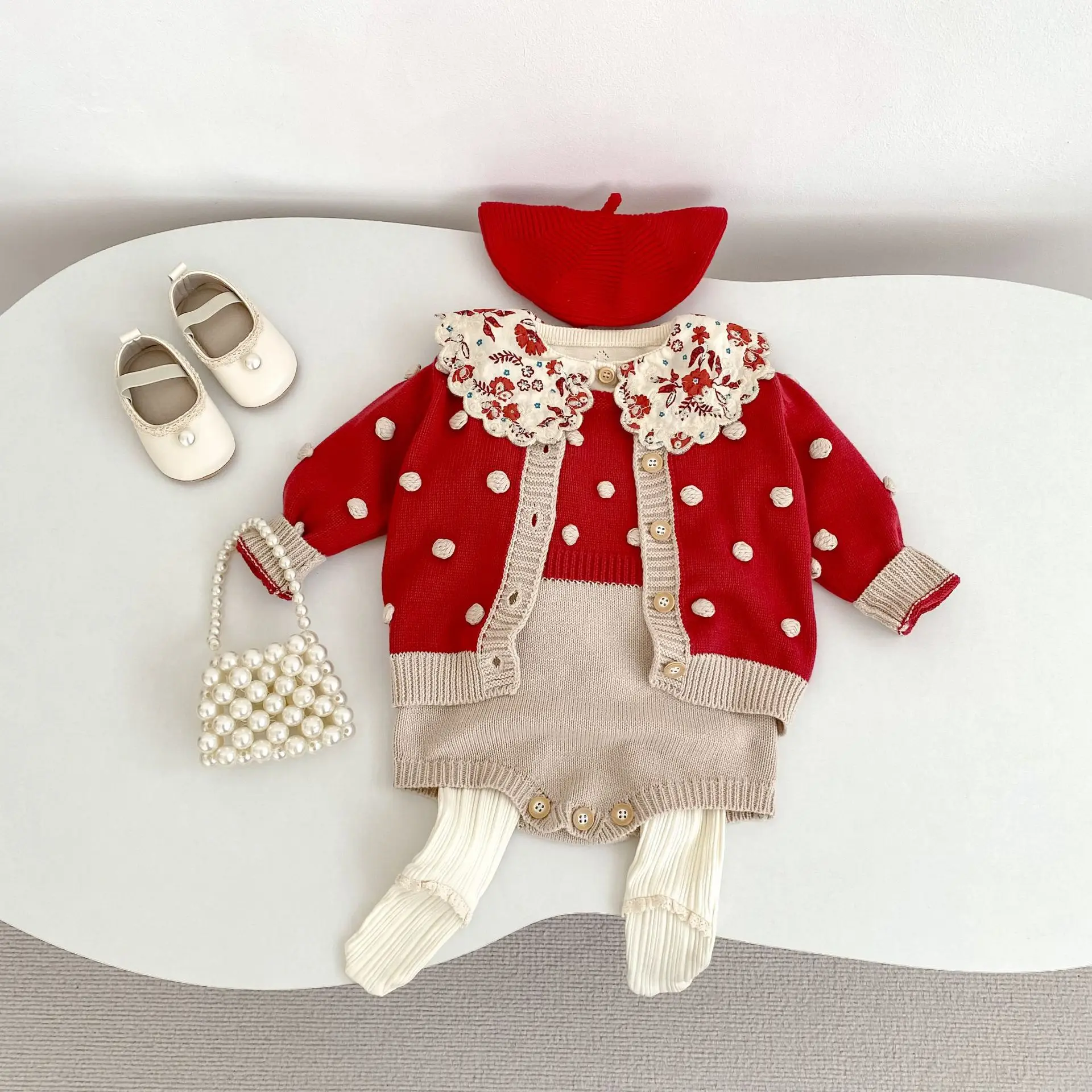 Two Piece Baby Girl Color-Blocked Hand Knitted Polka Dot Set Round-Neck Cardigan Jacket and Vest