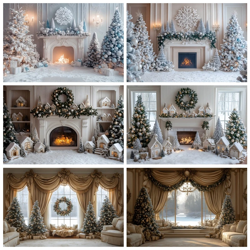 Winter Christmas Indoor Fireplace Photography Background Xmas Tree Kid Family Party Portrait Decor Backdrop Photo Studio Props